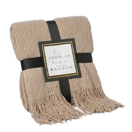 Deerlux Decorative Diamond Pattern Knit Throw Blanket with Fringe, Khaki QI003966.KH